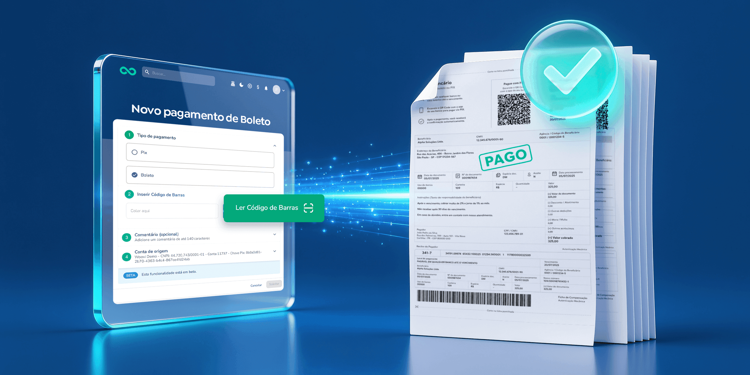 A tela de novo pagamento de boleto da Woovi, com os passos de tipo de pagamento, código de barras, comentário e conta de origem, ao lado de boletos pagos