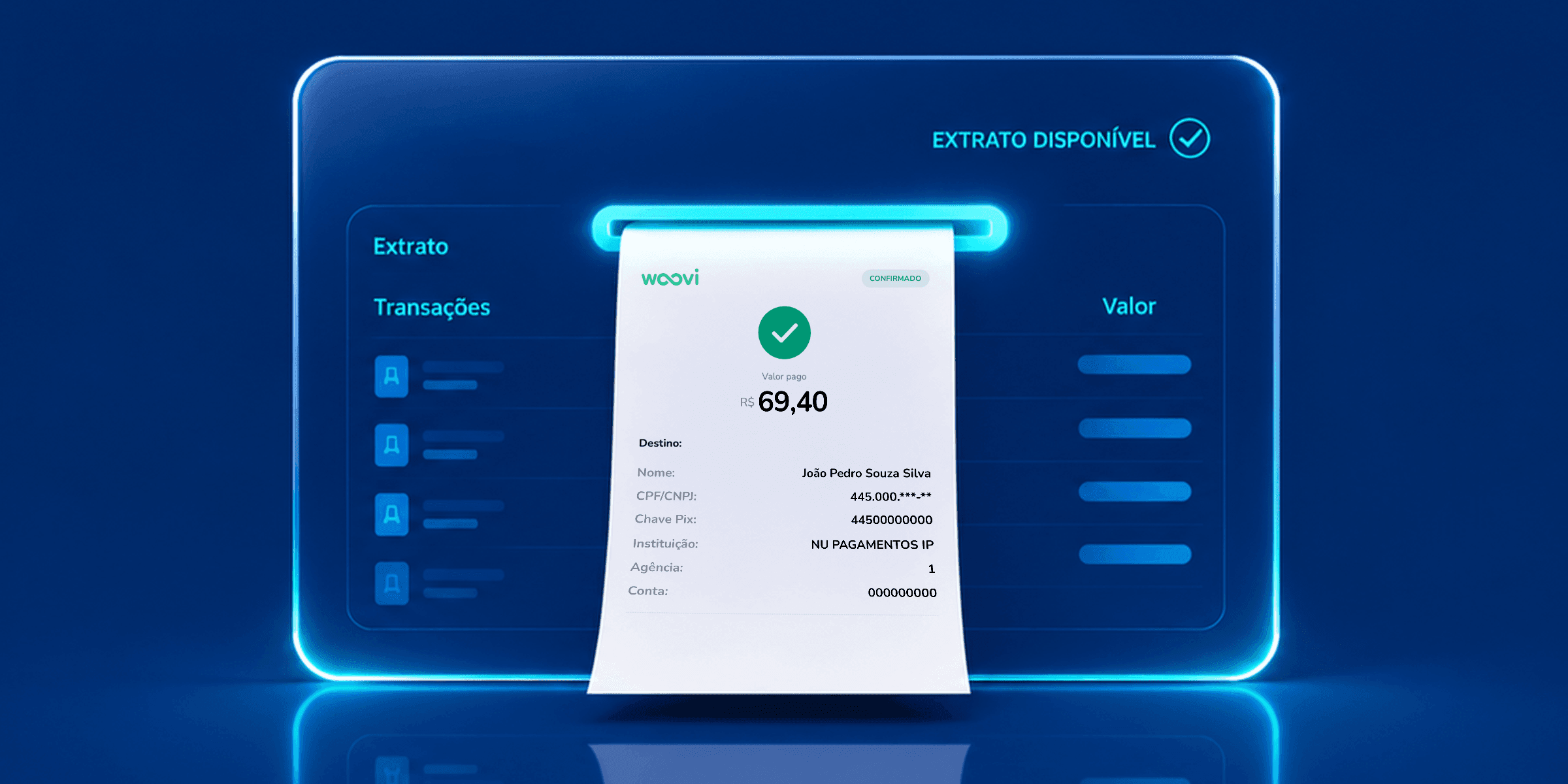 O novo comprovante em PDF da Woovi saindo de uma tela de extrato, com o selo Confirmado, o valor pago em destaque e os dados do destino organizados